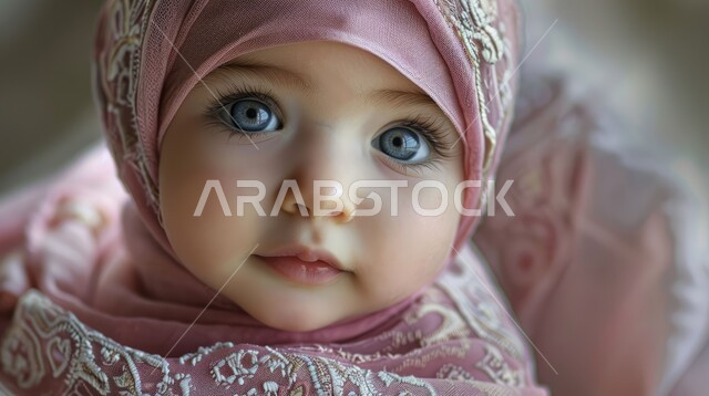 Looking at the camera with gestures of innocence and childhood, the concept of softness and gentleness, caring about children's appearance, a close-up close-up of a smiling veiled Saudi Arabian Gulf girl wearing the hijab