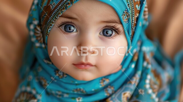 مفهوم النعومة واللطافة، النظر إلى الكاميرا بإيماءات البراءة والطفولة، الاهتمام بالمظهر الخارجي للأطفال، صورة مقربة مقرب لفتاة عربية خليجية سعودية محجبة مبتسمة ترتدي الحجاب