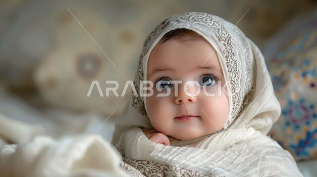 Caring about children's appearance, the concept of softness and gentleness, looking at the camera with gestures of innocence and childhood, a close-up close-up of a smiling veiled Saudi Arabian Gulf girl wearing the hijab