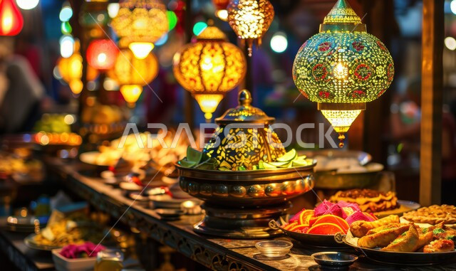 مصابيح و أضواء عربية تقليدية، الاحتفال بالأعياد والمناسبات الدينية الإسلامية، الأجواء الرمضانية الروحانية في شهر الخير والبركة, فوانيس معدنية مضيئة مزخرفة معلقة, زينة و اكسسوارات و ديكورات رمضان المبارك