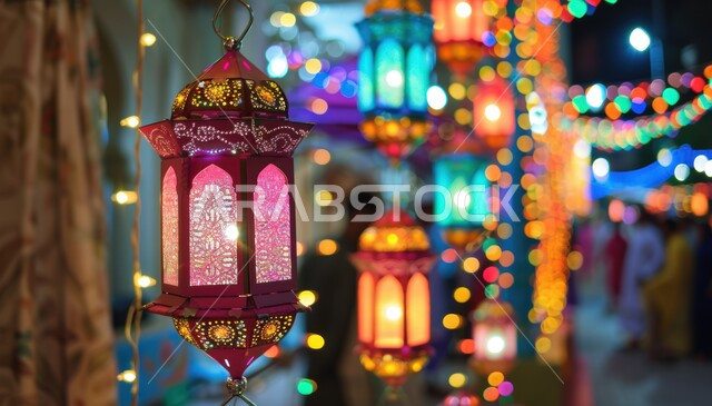 فوانيس معدنية مضيئة مزخرفة معلقة، زينة و اكسسوارات و ديكورات رمضان المبارك، مصابيح و أضواء عربية تقليدية، الاحتفال بالأعياد والمناسبات الدينية الإسلامية، الأجواء الرمضانية الروحانية في شهر الخير والبركة