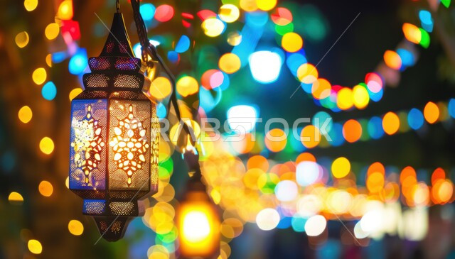 الأجواء الرمضانية الروحانية في شهر الخير والبركة, فانوس معدني مضيئ مزخرف معلق, زينة و اكسسوارات و ديكورات رمضان المبارك, مصابيح و أضواء عربية تقليدية, الاحتفال بالأعياد والمناسبات الدينية الإسلامية