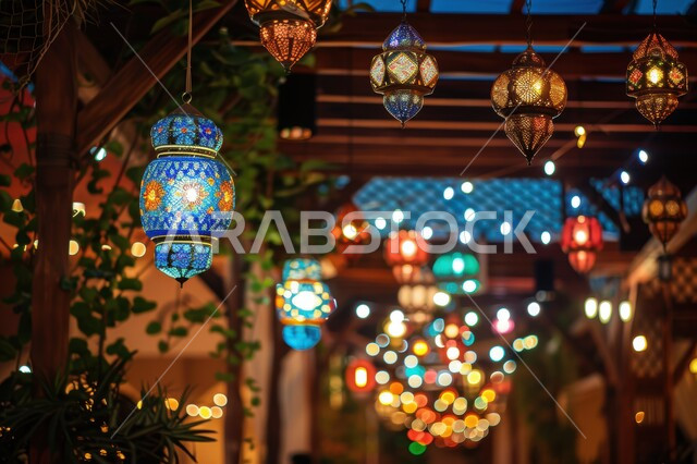 الاحتفال بالأعياد والمناسبات الدينية الإسلامية، الأجواء الرمضانية الروحانية في شهر الخير والبركة, فوانيس معدنية مضيئة مزخرفة معلقة, زينة و اكسسوارات و ديكورات رمضان المبارك, مصابيح و أضواء عربية تقليدية