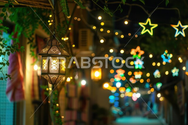 مصابيح و أضواء عربية تقليدية، الاحتفال بالأعياد والمناسبات الدينية الإسلامية، الأجواء الرمضانية الروحانية في شهر الخير والبركة, فانوس معدني مضيئ مزخرف معلق, زينة و اكسسوارات و ديكورات رمضان المبارك