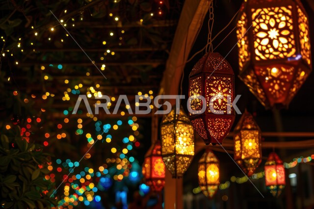 زينة و اكسسوارات و ديكورات رمضان المبارك، مصابيح و أضواء عربية تقليدية، الاحتفال بالأعياد والمناسبات الدينية الإسلامية، الأجواء الرمضانية الروحانية في شهر الخير والبركة, فوانيس معدنية مضيئة مزخرفة معلقة