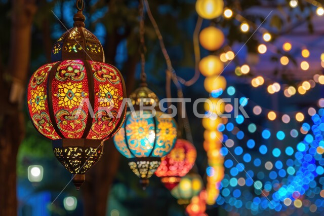 فوانيس معدنية مضيئة مزخرفة معلقة، زينة و اكسسوارات و ديكورات رمضان المبارك، مصابيح و أضواء عربية تقليدية، الاحتفال بالأعياد والمناسبات الدينية الإسلامية، الأجواء الرمضانية الروحانية في شهر الخير والبركة