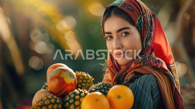 النعومة والأنوثة والأناقة والاهتمام بالمظهر الخارجي , ابراز الجمال السعودي بحجابات وملابس عصريه بألوان حديثه، صورة مقربة لإمرأة عربية خليجية سعودية ترتدي الحجاب تنظر الى الكاميرا تحمل بيدها سلة مليئة بالفواكه الموسمية الطازجة