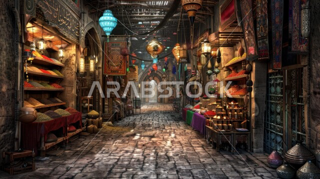 سوق تقليدي شعبي لبيع البهارات والعطريات ، ملونات ومنكهات طبيعية للمأكولات والأطعمة, محاصيل زراعية ومنتجات وطنية محلية سعودية، نباتات ذات فوائد صحية وعلاجية، منظر لعرض التوابل الملونة والمتنوعة والحبوب