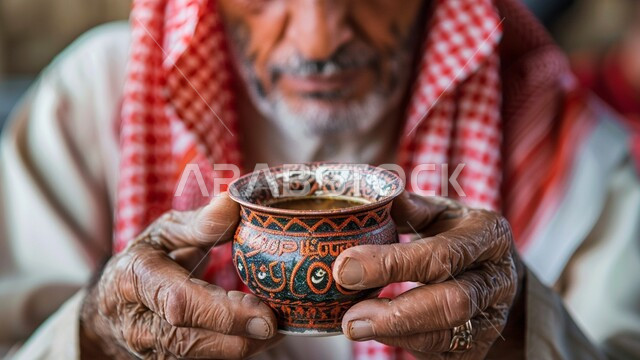 مفهوم الأصالة والعراقة، صورة مقربة لرجل كبير السن عربي خليجي سعودي يرتدي الشماغ والثوب التقليدي يحمل بيده كأس معدني مزخرف، أدوات تراثية شعبية تقليدية، قطع أنتيكا نحاسية في المملكة العربية السعودية
