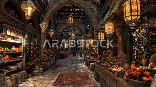 منتجات ومحاصيل زراعية وطنية سعودية، أنواع وأصناف من السلع المختلفه في الأسواق الشعبية التقليدية, متجر لبيع الاحتياجات والمستلزمات المنزلية، عرض المواد الغذائيه والتموينات المحلية، الفوانيس المعدنية المضيئة المعلقة