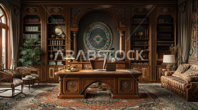 ديكورات راقية خشبية على الطراز الحديث لمكتب منزلي، تصاميم داخلية عصرية حديثة لمكاتب داخل البيت، تجهيزات مكتبية حديثة وأثاث أنيق ومريح، اكسسوارات وأضواء أنيقة فاخرة، مفروشات راقية ومتناسقة