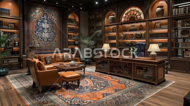 ديكورات راقية خشبية على الطراز الحديث لمكتب منزلي، تصاميم داخلية عصرية حديثة لمكاتب داخل البيت، تجهيزات مكتبية حديثة وأثاث أنيق ومريح، اكسسوارات وأضواء أنيقة فاخرة، مفروشات راقية ومتناسقة