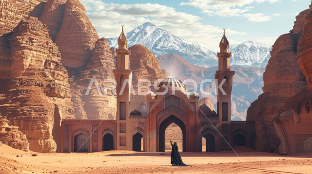 Worship and getting closer to God, domes and minarets in traditional Islamic style, Muslims calling to prayer, architectural art of a historic mosque amidst hills and sand dunes, a picture from the back of a Saudi Arabian Gulf woman wearing a black abaya, mountain formations and formations