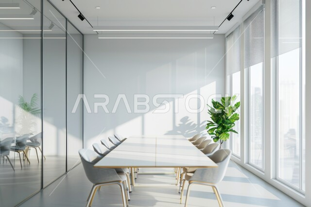 غرف مكتبية بتصاميم وديكورات داخلية فخمة، التصميم العصري الحديث للمكاتب في الشركات السعودية، النوافذ والواجهات الزجاجية، مكتب واسع بإطلالة على المدينة، غرفة اجتماعات حديثة وبسيطة مع طاولة وكراسي باللون الأبيض