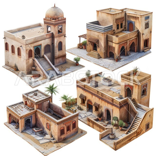 رسوم ثلاثية أبعاد لبيوت تراثية طينية قديمة، الطراز العربي التقليدي في بناء البيوت، معالم تاريخية واثرية قديمة، فن معماري عربي قديم للمنازل القديمة، خلفية بيضاء
