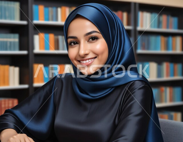 الاهتمام بالأناقة والمظهر الخارجي، صورة مقربة لفتاة عربية خليجية سعودية محجبة مبتسمة تنظر الى الكاميرا بإيماءات السرور، مفهوم الأنوثة والنعومة، الجلوس في المكتبات الجامعية، البيئة التعليمية في المملكة العربية السعودية
