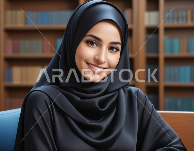 الاهتمام بالأناقة والمظهر الخارجي، صورة مقربة لفتاة عربية خليجية سعودية محجبة مبتسمة تنظر الى الكاميرا بإيماءات السرور، مفهوم الأنوثة والنعومة، الجلوس في المكتبات الجامعية، البيئة التعليمية في المملكة العربية السعودية
