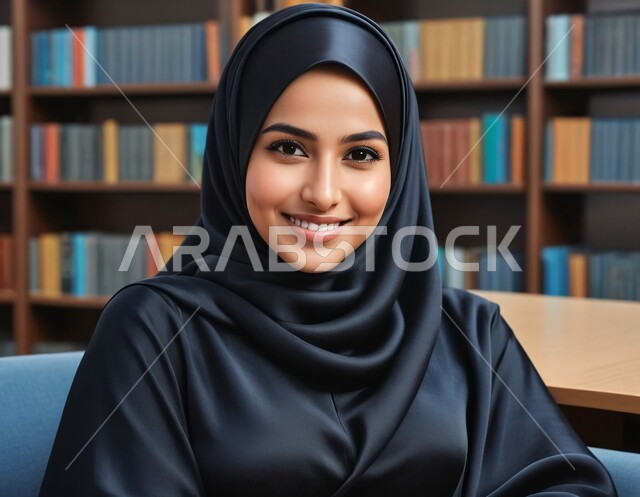 الاهتمام بالأناقة والمظهر الخارجي، صورة مقربة لفتاة عربية خليجية سعودية محجبة مبتسمة تنظر الى الكاميرا بإيماءات السرور، مفهوم الأنوثة والنعومة، الجلوس في المكتبات الجامعية، البيئة التعليمية في المملكة العربية السعودية