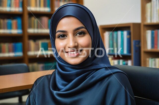 الاهتمام بالأناقة والمظهر الخارجي، صورة مقربة لفتاة عربية خليجية سعودية محجبة مبتسمة تنظر الى الكاميرا بإيماءات السرور، مفهوم الأنوثة والنعومة، الجلوس في المكتبات الجامعية، البيئة التعليمية في المملكة العربية السعودية