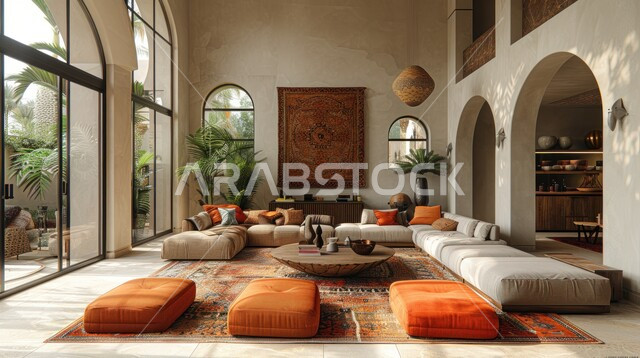 النوافذ والواجهات الزجاجية المطلة على الطبيعة الخارجية، التصاميم الداخلية لغرف الجلوس على الطراز الحديث، غرفة معيشة مع أثاث منزلي فاخر، ديكور داخلي راقي للفلل والشقق السكنية في المملكة العربية السعودية