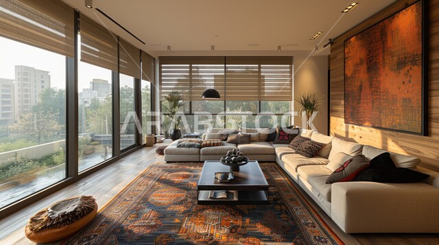 النوافذ والواجهات الزجاجية المطلة على الطبيعة الخارجية، التصاميم الداخلية لغرف الجلوس على الطراز الحديث، غرفة معيشة مع أثاث منزلي فاخر، ديكور داخلي راقي للفلل والشقق السكنية في المملكة العربية السعودية