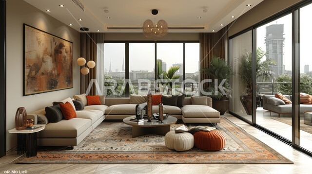 النوافذ والواجهات الزجاجية المطلة على الطبيعة الخارجية، التصاميم الداخلية لغرف الجلوس على الطراز الحديث، غرفة معيشة مع أثاث منزلي فاخر، ديكور داخلي راقي للفلل والشقق السكنية في المملكة العربية السعودية