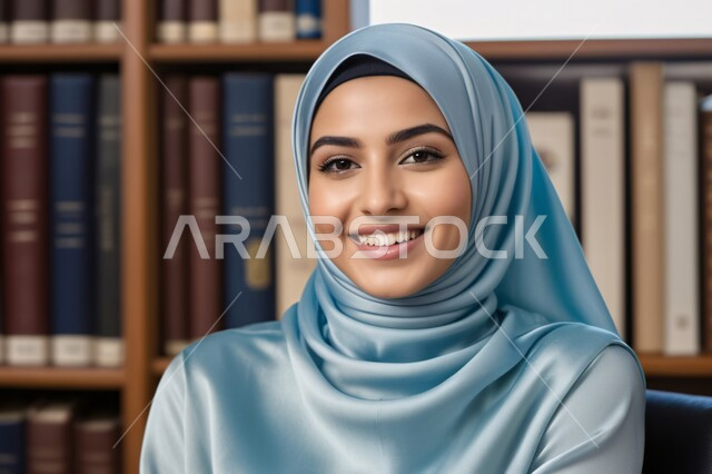 مفهوم الأنوثة والنعومة، الاهتمام بالأناقة والمظهر الخارجي، صورة مقربة لفتاة عربية خليجية سعودية محجبة مبتسمة تنظر الى الكاميرا بإيماءات السرور، الجلوس في المكتبات الجامعية، البيئة التعليمية في المملكة العربية السعودية