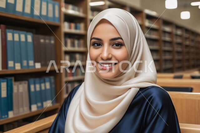 مفهوم الأنوثة والنعومة، الاهتمام بالأناقة والمظهر الخارجي، صورة مقربة لفتاة عربية خليجية سعودية محجبة مبتسمة تنظر الى الكاميرا بإيماءات السرور، الجلوس في المكتبات الجامعية، البيئة التعليمية في المملكة العربية السعودية