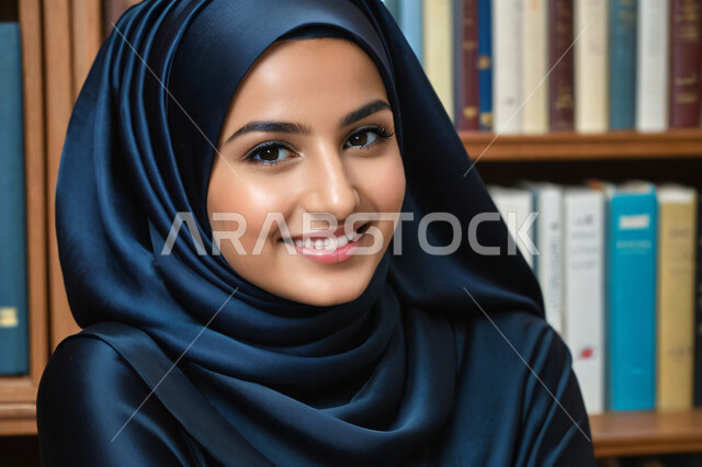 The concept of femininity and softness, interest in elegance and outward appearance, a close-up image of a veiled Saudi Arabian Gulf girl smiling and looking at the camera with gestures of pleasure, sitting in university libraries, the educational environment in the Kingdom of Saudi Arabia