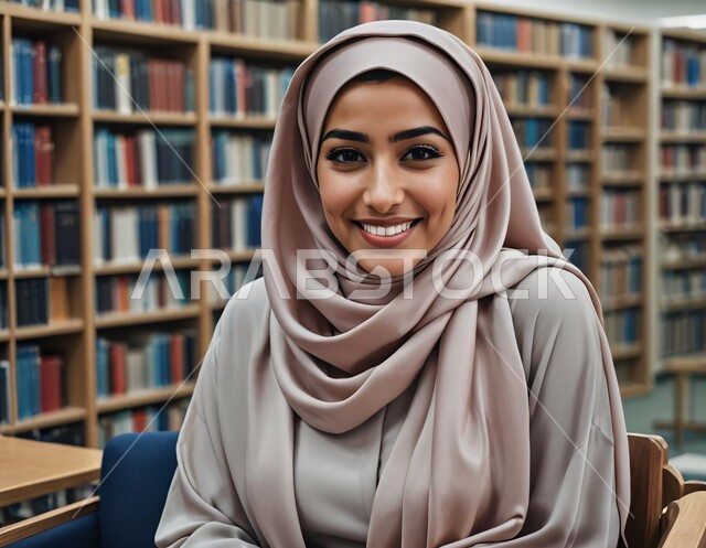 مفهوم الأنوثة والنعومة، الاهتمام بالأناقة والمظهر الخارجي، صورة مقربة لفتاة عربية خليجية سعودية محجبة مبتسمة تنظر الى الكاميرا بإيماءات السرور، الجلوس في المكتبات الجامعية، البيئة التعليمية في المملكة العربية السعودية