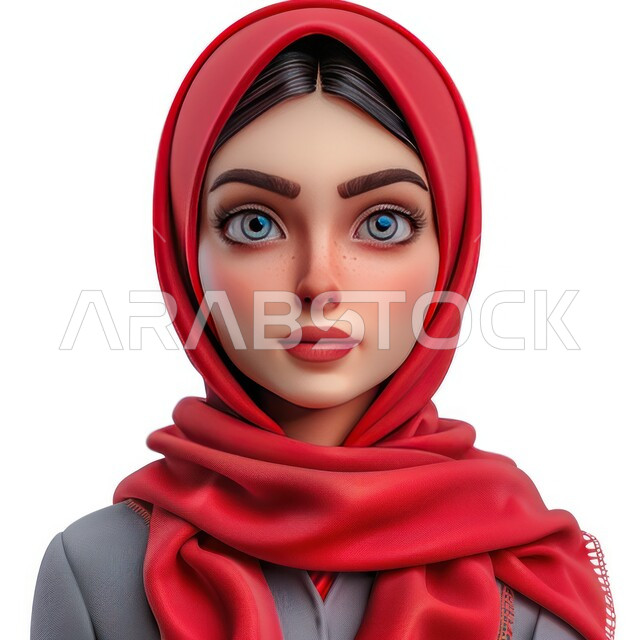 تصاميم راقية لأزياء المحجبات العصرية، الاهتمام بالمظهر الخارجي، رسوم توضيحيه ثلاثية الابعاد لإمرأة عربيه خليجية سعودية مبتسمة ترتدي الحجاب تنظر إلى الكاميرا بإيماءات السرور، خلفية بيضاء