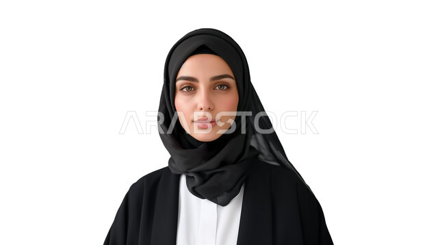 مفهوم الأنوثة والنعومة، الاهتمام بالأناقة والمظهر الخارجي، بورتريه مقرب لشابة عربية خليجية سعودية محجبة تنظر الى الكاميرا بإيماءات الجدية والثقة بالنفس، التقاط الصور الشخصية للوثائق الرسمية، خلفية بيضاء