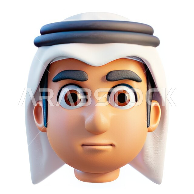 Concern for elegance and appearance, wearing traditional Arabic clothing, 3D illustration of a Saudi Arabian Gulf man wearing traditional thobe and ghutra and looking at the camera, white background