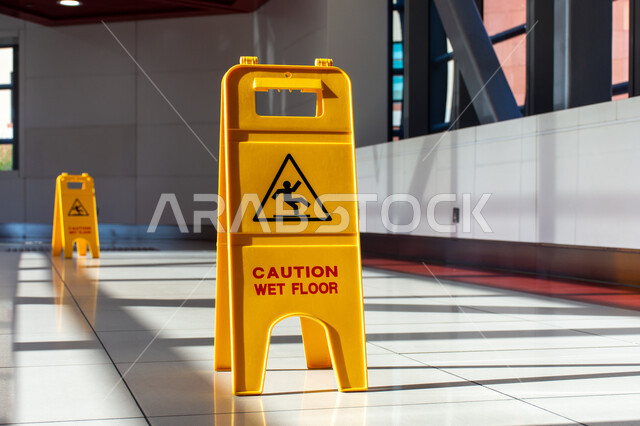 لافتة خطر الأرضية المبللة باللغة الإنجليزية داخل مترو دبي، اللافتات التحذيرية باللون الأصفر، لوحات إرشادية داخل المباني، لوحة تحذير من الوقوع في المحطة في الامارات العربية المتحدة