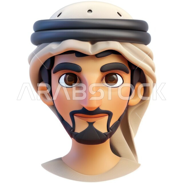 ارتداء الأزياء العربية التقليدية، الاهتمام بالأناقة والمظهر الخارجي، رسوم توضيحية ثلاثية الأبعاد لرجل عربي خليجي سعودي يرتدي الثوب التقليدي والغترة وينظر الى الكاميرا، خلفية بيضاء