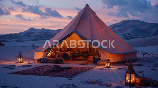 جلسة هادئة أمام الفوانيس المعدنية المضيئة، السماء المليئة بالغيوم وقت الغروب، خيام شعبية في المناطق الصحراوية، مخيمات سياحية في صحاري المملكة العربية السعودية، الطبيعة والرمال الذهبية الناعمة، أجواء التخييم الشبابية الممتعة، المغامرات والكشتات البرية