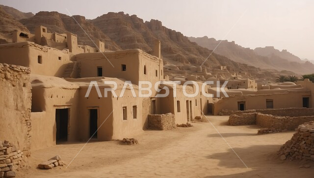 الهندسة المعمارية التقليدية للمنازل الطينية في المناطق الصحراوية، بيوت تراثية شعبية من الطوب اللبن تم ترميمها جزئيًا بالقرب من موقع قلعة منيخ الأثري الطيني في المملكة العربية السعودية، معالم تاريخية وأثرية قديمة