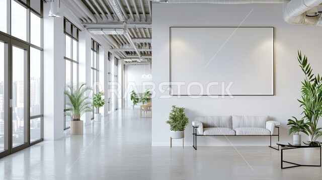 شركات ومكاتب بتصاميم داخلية و ديكورات راقية، مفهوم الفن الهندسي المعماري على الطراز الحديث، تصميم عصري لغرف الانتظار و الاستقبال باللون الأبيض، الاهتمام بنبات الزينة، الواجهات الزجاجية الضخمة