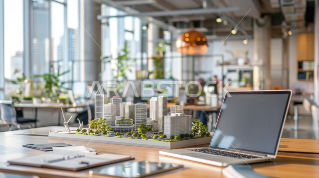 استخدام التقنيات الحديثة في الأعمال، جهاز اللابتوب المحمول مفتوح على طاولة مع نموذج مصغر لمدينة مستقبلية، مراجعة الخطط والمشاريع, دمج العمل بالتقنية والتكنولوجيا، النهضة في مجال الإنشاءات الهندسية في المملكة العربية السعودية