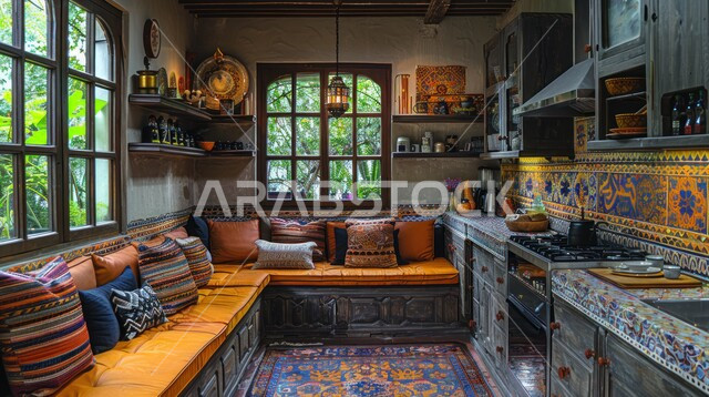 مطبخ بديكورات داخلية تقليدية، فنون الهندسة المعمارية المتميزة الأنيقة، شقق ومنازل سكنية في السعودية، استخدام الطراز الفني العربي في أثاث المطابخ، أرضيات ببلاط ملون، نوافذ زجاجية كبيرة مطلة على الطبيعة الخارجية
