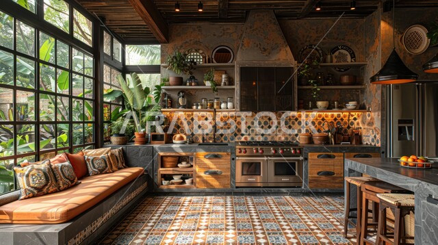 مطبخ بديكورات داخلية تقليدية، فنون الهندسة المعمارية المتميزة الأنيقة، شقق ومنازل سكنية في السعودية، استخدام الطراز الفني العربي في أثاث المطابخ، أرضيات ببلاط ملون، نوافذ زجاجية كبيرة مطلة على الطبيعة الخارجية