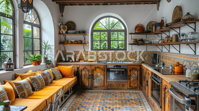 مطبخ بديكورات داخلية تقليدية، فنون الهندسة المعمارية المتميزة الأنيقة، شقق ومنازل سكنية في السعودية، استخدام الطراز الفني العربي في أثاث المطابخ، أرضيات ببلاط ملون، نوافذ زجاجية كبيرة مطلة على الطبيعة الخارجية