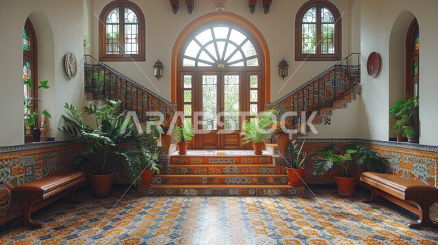 مدخل لمبنى فخم بتصميم متميز، الفن الهندسي المعماري للمباني على الطراز الحديث، الشقق والفلل السكنية الراقية في المملكة العربية السعودية، التصاميم والديكورات الفاخرة للمداخل المنزلية، الاهتمام بنباتات الزينة الخضراء 