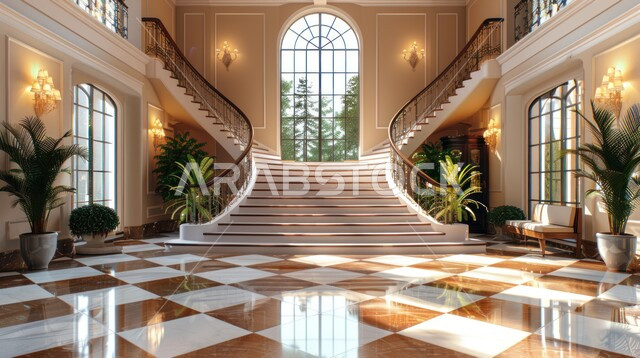 مدخل لمبنى فخم بتصميم متميز، الفن الهندسي المعماري للمباني على الطراز الحديث، الشقق والفلل السكنية الراقية في المملكة العربية السعودية، التصاميم والديكورات الفاخرة للمداخل المنزلية، الاهتمام بنباتات الزينة الخضراء 