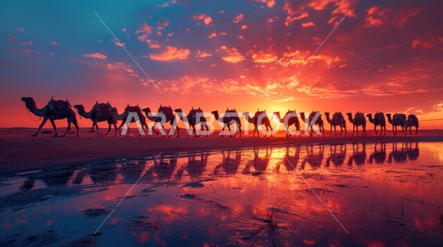 Landscape and soft golden sand, a caravan of camels walking over the sand dunes in the vast desert, animals used for transportation in the deserts of Saudi Arabia, background of cloudy sky at a magical sunset