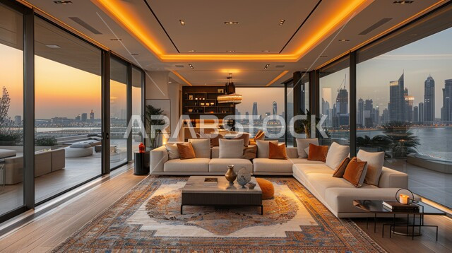 اكسسوارات وتحف عصرية، الديكورات الداخلية الراقية للفلل والشقق السكنية في المملكة العربية السعودية، واجهات زجاجية ضخمة مطلة على المدينة، غرفة معيشة باللون الأبيض مع أثاث منزلي فاخر، التصاميم الأنيقة لغرف الجلوس المريحة على الطراز الحديث