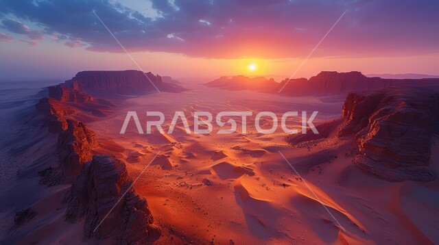 Sand formations and formations in the desert of Saudi Arabia, desert areas and desert natural environment, plateaus and hills of soft golden sand, highlands and dry terrain and mountain peaks in the wilderness, sky background at sunset