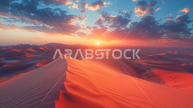 التكوينات والتشكلات الرملية في صحراء المملكة العربية السعودية، مناطق البادية والبيئة الطبيعية الصحراوية, الهضاب و التلال من الرمال الناعمة الذهبية، المرتفعات و التضاريس الجافة والقمم الجبلية في البراري، خلفية السماء في وقت غروب الشمس