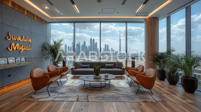 Caring for ornamental plants, modern living room interior decorations, living room with luxurious home furniture, upscale interior decoration for villas and residential apartments in the Kingdom of Saudi Arabia, huge glass facades overlooking the city