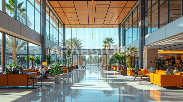 الديكورات الداخلية للفنادق في المملكة العربية السعودية, مكان استقبال بألوان راقية, التصميم المتطور للمنشآت والمباني الحديثة, الأثاث الفاخر للأماكن السياحية، الاهتمام بنباتات الزينة وأشجار النخيل، واجهات زجاجية ضخمة مطلة على المدينة